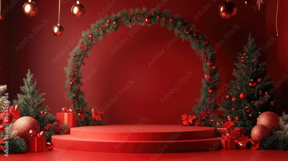 Poster merry christmas holiday themed empty podium space realistic 3d rendering for product showcase