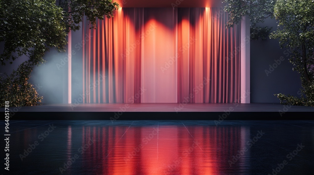 Poster 3d stage reflecting on water digital rendering