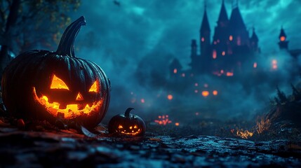 Halloween pumpkin with a dark castle in the background