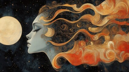 Space in Art Nouveau style with elegant curves, ornate details, celestial patterns, and sophisticated design elements.