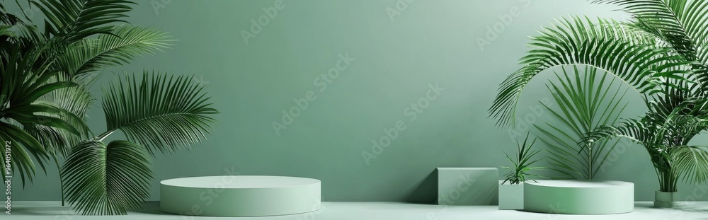 Poster Empty green mock up space featuring various platforms and decorative green palm leaves in 3D rendering