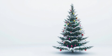Fototapeta premium Festive Snow-Covered Christmas Tree with Colorful Ornaments on White Background with text space / copy space- Holiday Season Decoration for Greeting Cards and Winter Celebrations