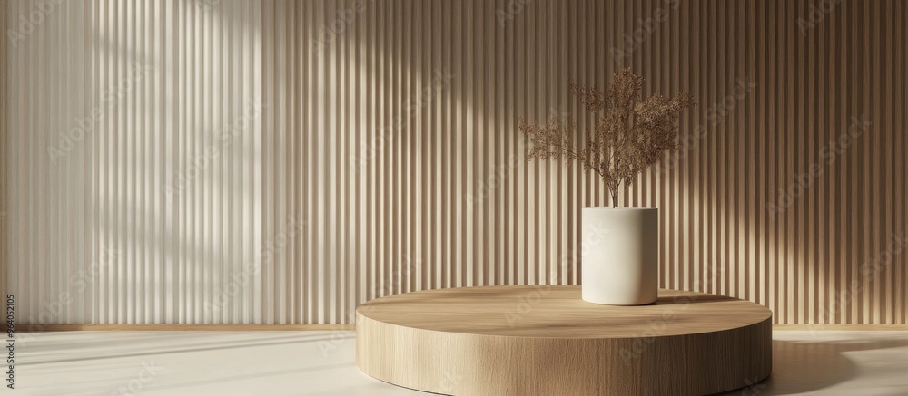 Poster cream cylinder on a circular geometric podium with a brown wood texture in a 3d rendering