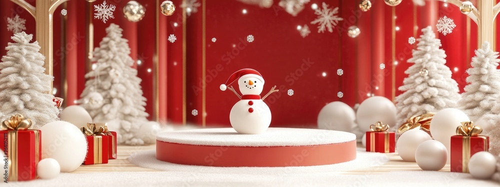 Poster mockup podium for product display featuring a christmas snowman scene in 3d rendering