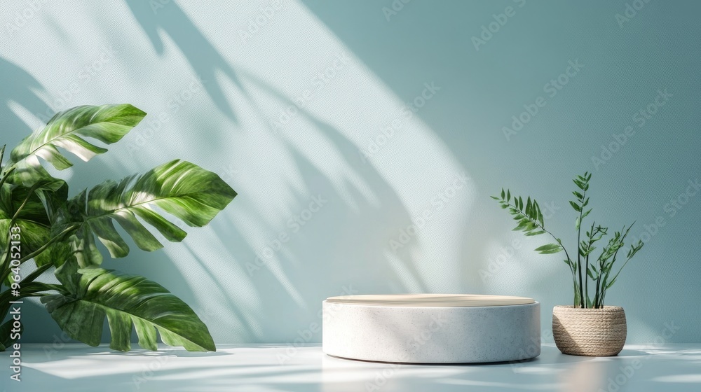 Aufkleber bright light sky blue 3d rendering of a simple product display featuring a cylindrical podium stand 
