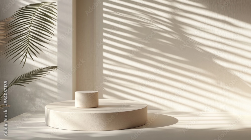 Poster Cosmetic product presentation template featuring an object display on a beige geometric abstract block podium with shadows created by textured wall window blinds in a 3D rendering