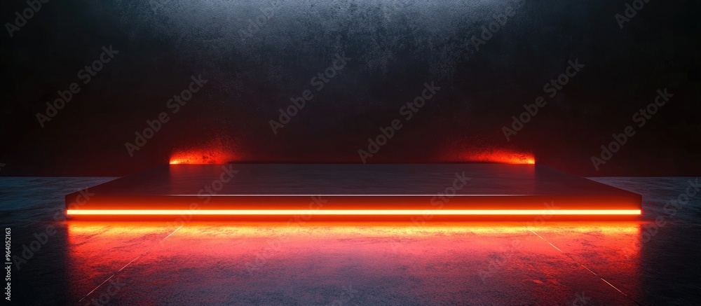 Poster blank product display featuring neon lights against a darkroom backdrop 3d rendering