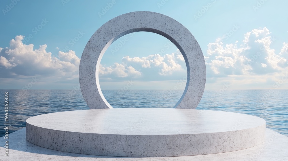 Poster round opening with ocean views terrazzo stone sculpture unoccupied platform for mockup design bright