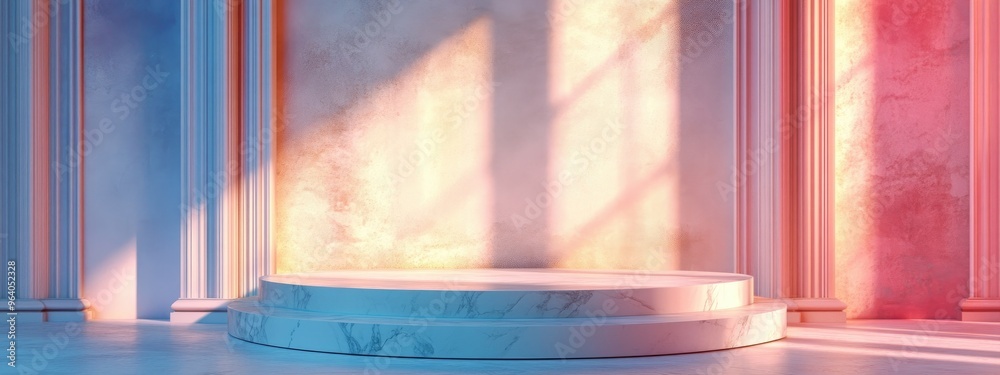 Aufkleber classic cornice molding with shadows on a plaster and marble wall behind a window exhibition podium 