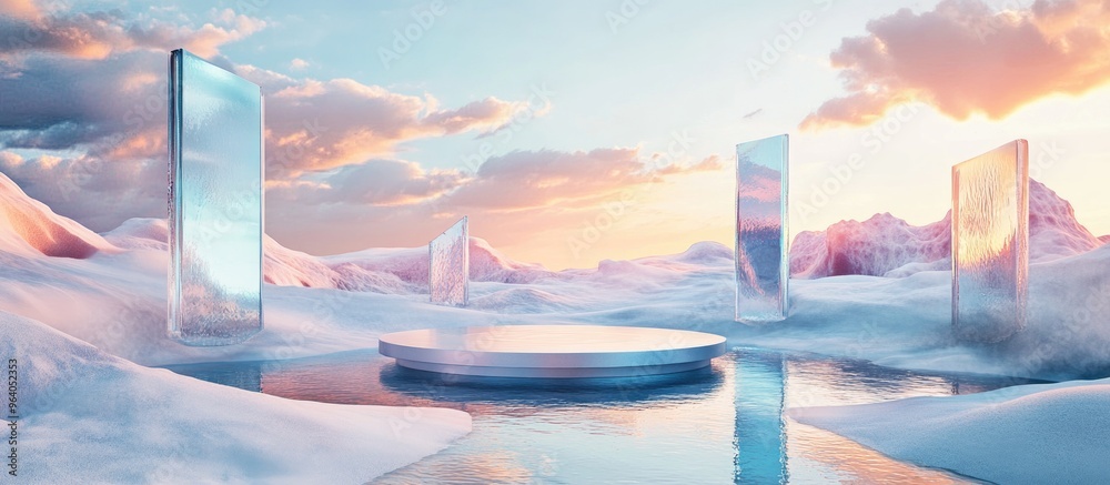 Poster Surreal landscape rendered in 3D featuring a circular podium surrounded by water and vibrant sand The backdrop includes abstract glass and mirror shapes and objects creating a futuristic fantasy sc