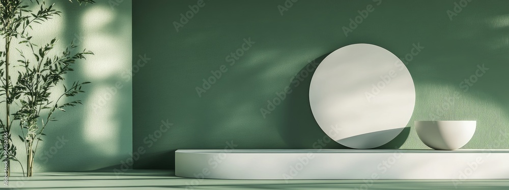 Poster Minimalist empty display podium with a green background Abstract 3D rendering for product presentation and advertising