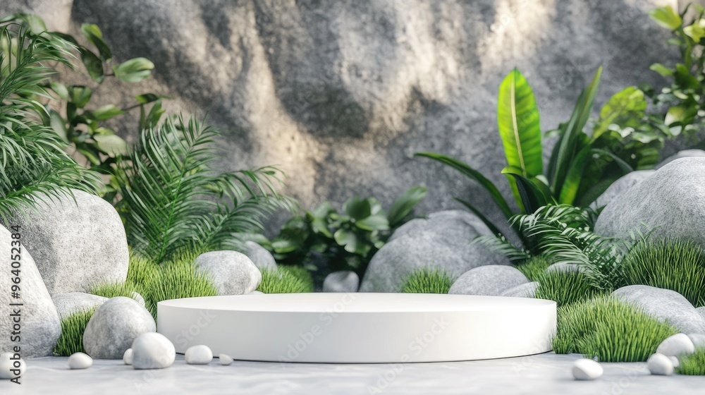 Poster Product display podium featuring an abstract backdrop with stones and grass elements 3D rendering