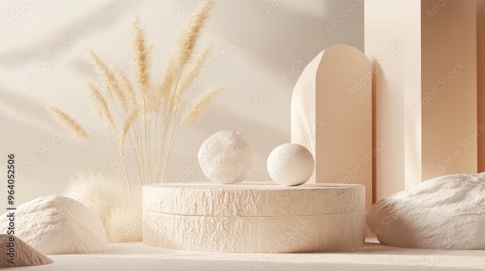 Poster Elegant and beautiful abstract background featuring elements in a minimalist style enhanced by a studio setting with a pedestal 3D illustration and rendering