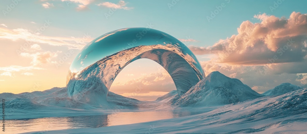 Aufkleber Surreal dreamlike landscape featuring abstract dunes in a winter setting complemented by a geometric arch Enchanting island scenery with water and a natural cloudy sky highlighted by a metallic mir