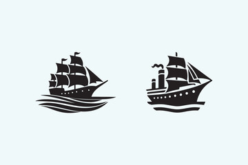 Black and white silhouette ship set logo icon style.