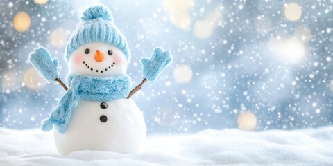Fototapeta premium Cheerful Snowman in Winter Wonderland: Festive Holiday Background with Copyspace or text space for Seasonal Greetings and Christmas Designs