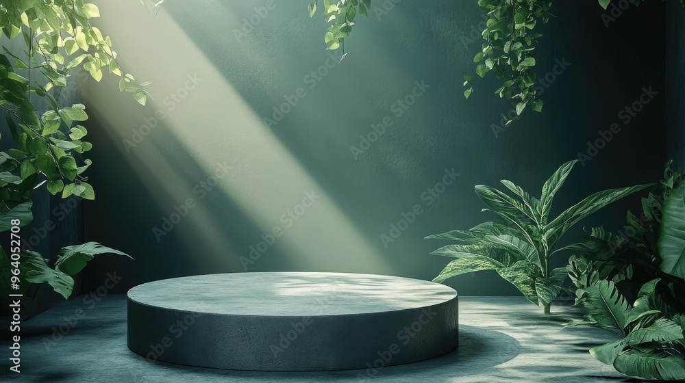 Aufkleber Minimal abstract summer backdrop featuring a 3D dark green concrete podium illuminated by lights and the shadows of plants designed for branding and product showcases 3D rendering of a natural ston