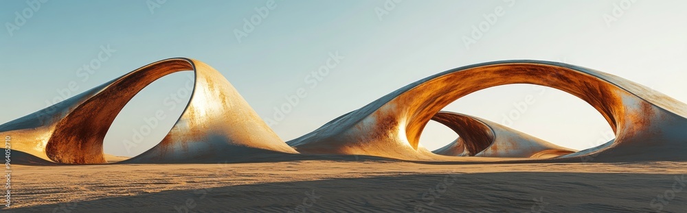 Poster abstract sandy dune cliffs featuring metallic arches under a clear blue sky surreal minimalistic des