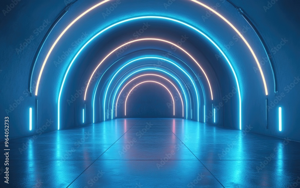 Poster futuristic architectural background featuring a glowing arched interior in 3d render