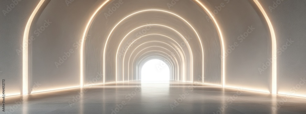 Poster Glowing empty arched passage in a 3D interior design rendering