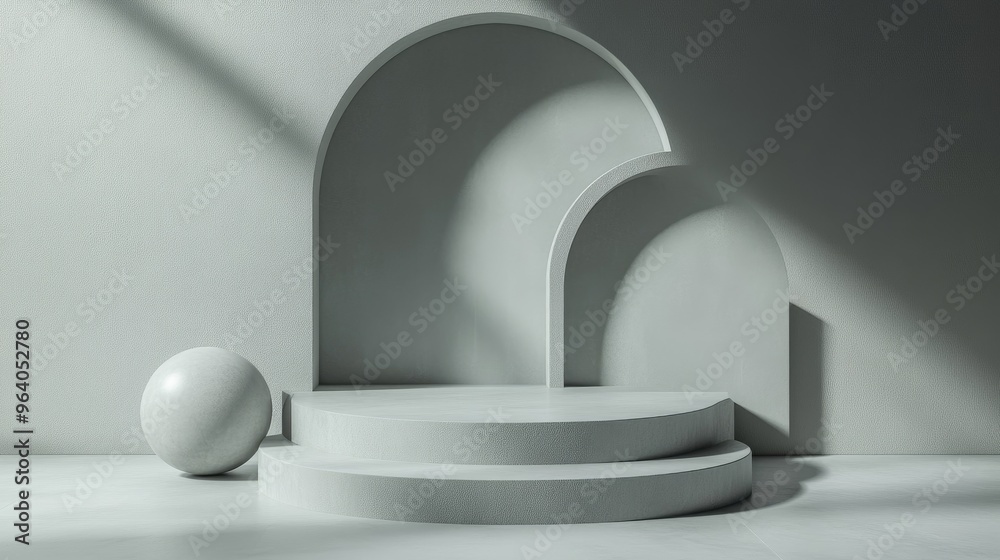 Poster Empty podium with geometric shapes in a gray composition for a modern stage display and minimalist mockup abstract showcase background 3D illustration or render concept