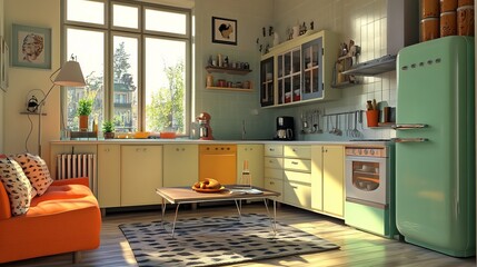 Cozy kitchen featuring a retro-style coffee table, perfect for enjoying meals and socializing