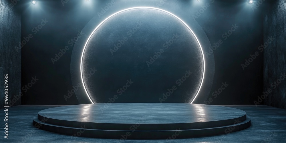 Aufkleber Illuminated stage and podium for product launch 3D render with vacant platform and ample space for text