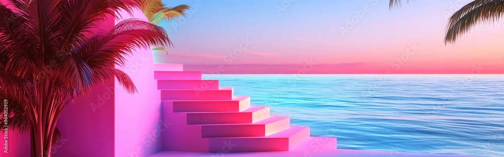 Aufkleber Summer beach setting featuring white stairs and palm tree shadows ideal for product presentation Abstract three dimensional summer landscape with a view of the ocean