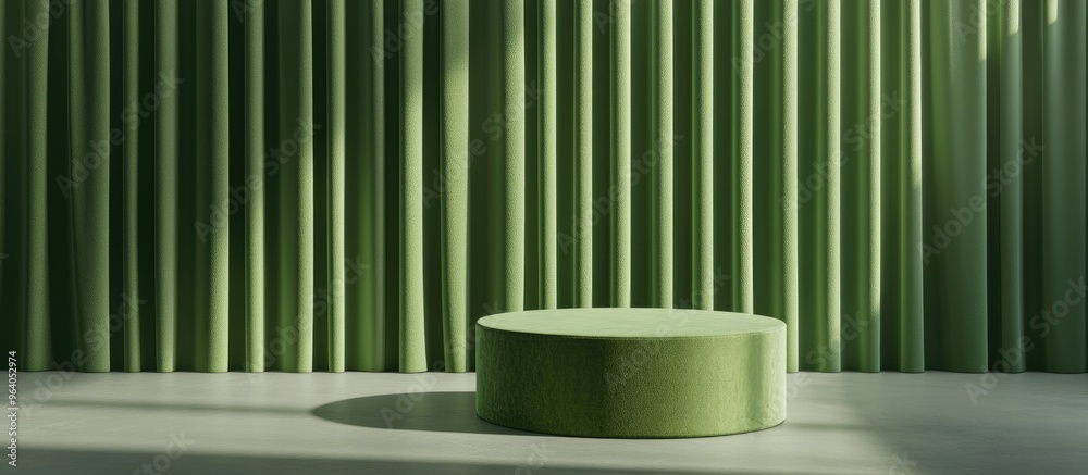 Poster Minimal product display background for a sales event concept Green upholstered podium set against a green curtain backdrop 3D render illustration with clipping paths for each element included