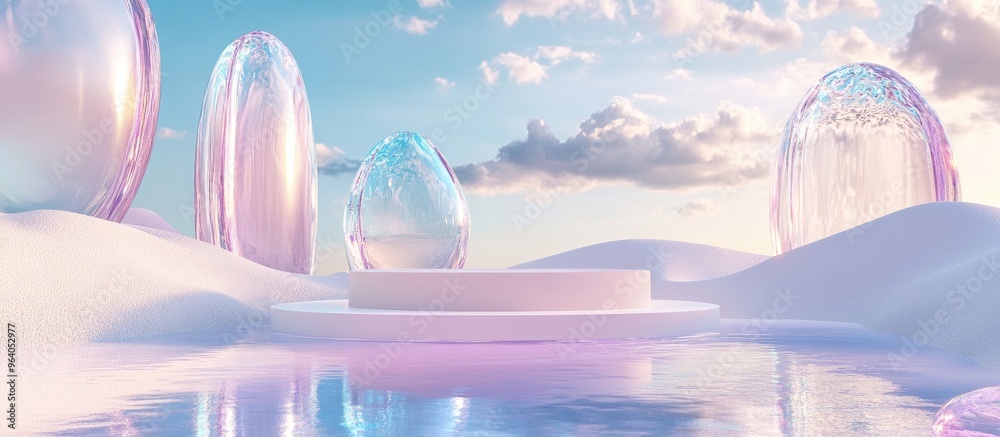Poster Surreal 3D rendering of a landscape featuring a round podium on water and white sand set against a backdrop of abstract glass shapes and objects A futuristic fantasy scene