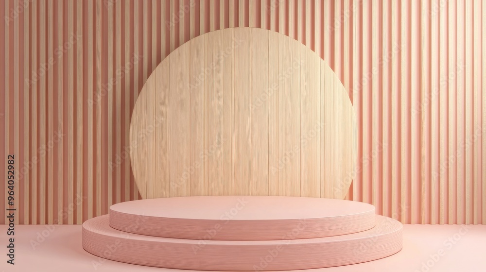 Aufkleber Pastel colored booth podium in a circular stage display with a table background template featuring a minimalist wood wall composition in 3D rendering