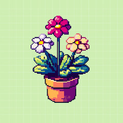 This pixel art depicts a flower in a pot on a light green mesh background. Retro vibes!