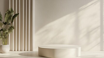 White wall with geometric modern design featuring a cream fabric surface creating a blank podium shape in 3D rendering