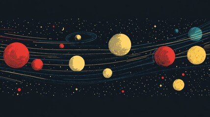 Solar system illustrated in flat design style with bold shapes, clean lines, and a minimalist color palette for planets and orbits.