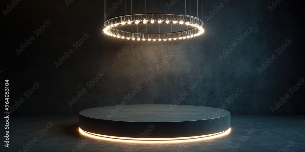 Poster Futuristic circular pedestal or platform featuring a chandelier Blank product display or stand Empty future stage with glowing lights 3D rendering of a modern backdrop