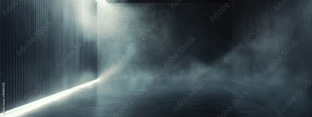 Poster Dimly lit interior space featuring walls and floor with concentrated textures enveloped in fog and mist 3D rendering