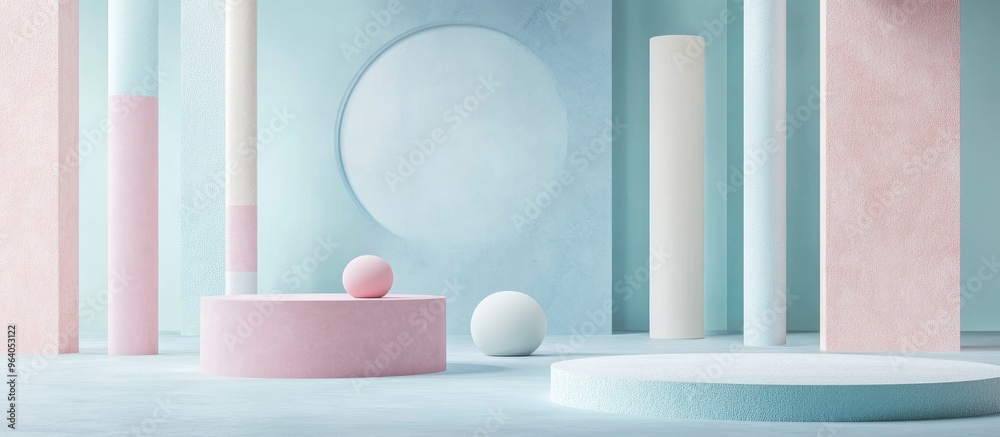Poster Abstract geometric shapes in pastel colors create a minimal modern style background ideal for booth podium stage display table mockup composition in 3D rendering