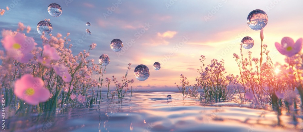 Poster abstract landscape featuring spring flowers and water bubbles 3d rendering