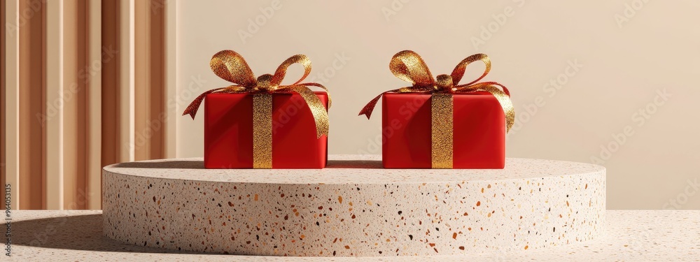 Aufkleber Minimalist product display for festive occasions featuring a red gift box adorned with a golden ribbon on a terrazzo podium 3D render illustration Clipping path for each element included