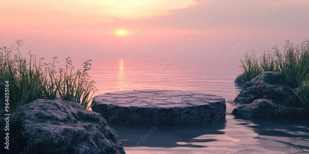 Poster abstract 3d rendered silhouette scene with a natural podium backdrop featuring a stone podium by a b