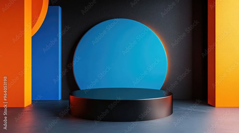 Poster cosmetic display featuring a black blue and orange background with a premium podium for product bran