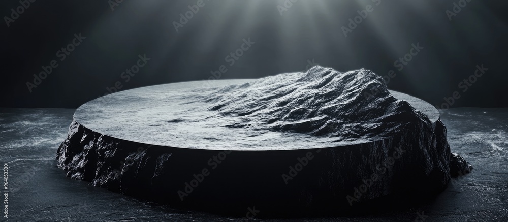 Poster minimalistic black circular podium with a rough rock surface resembling a meteorite on a mountain sh