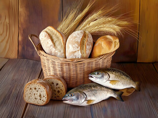 5 Loaves and 2 Fish. Bible Illustration, Photo-realistic - [4:3 ratio] Landscape Format
