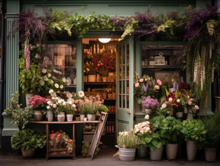 Fototapeta premium Enchanting Floral Boutique Display on a Cozy Street