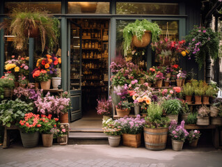 Charming Flower Shop Entrance Adorned with Blossoms
