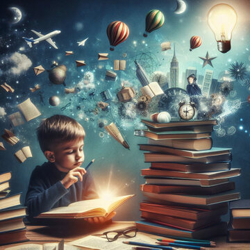 gar&ccedil;on, jeune qui lit un livre et qui se cr&eacute;e un monde imaginaire dans un d&eacute;cors magique, le gar&ccedil;on assis dans une chambre f&eacute;erique entour&eacute; de livre, illustre l'imaginaire et la magie de la lecture