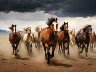 Fototapeta premium Thundering Herd of Horses Galloping Across the Plains