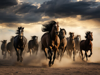Majestic Herd of Horses Galloping in Dust at Sunset