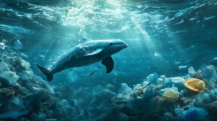 Dolphin Swimming in a Sea of Plastic Pollution