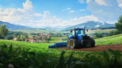 Fototapeta premium A blue tractor plowing through a vibrant green field, with a realistic rural landscape of farms and hills in the distance